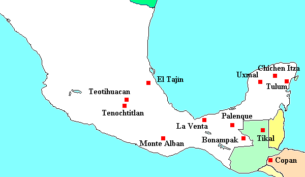 Carte interacive des principaux sites Mayas et Azteques