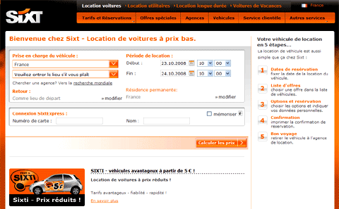 Site Internet de l'Agence de location de voiture Sixt